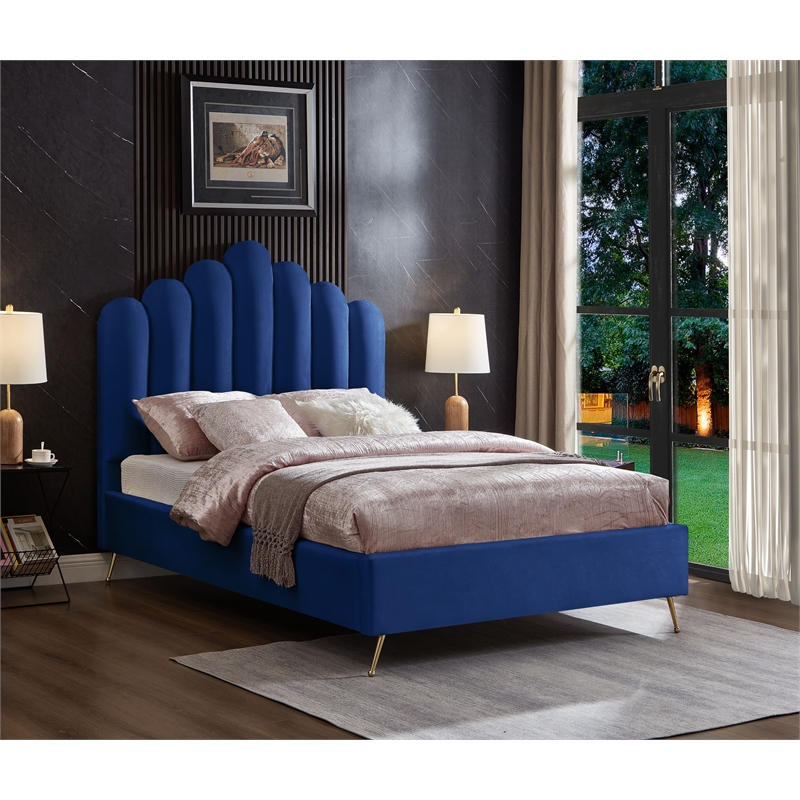 Meridian Furniture Lily Solid Wood and Tufted Velvet Full Bed in Navy