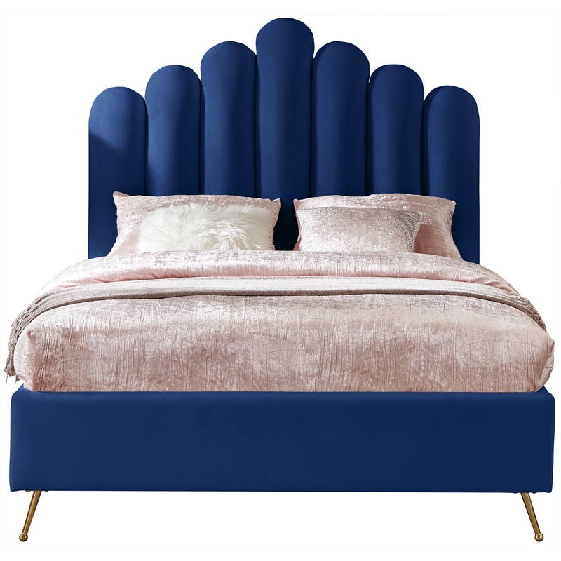 Meridian Furniture Lily Solid Wood and Tufted Velvet Full Bed in Navy