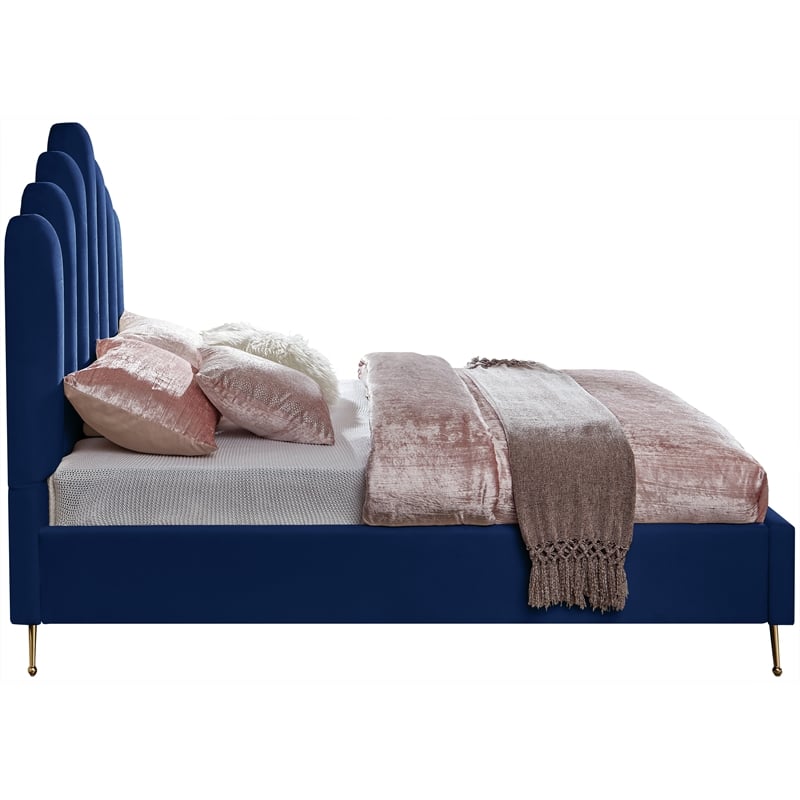 Meridian Furniture Lily Solid Wood and Tufted Velvet Full Bed in Navy
