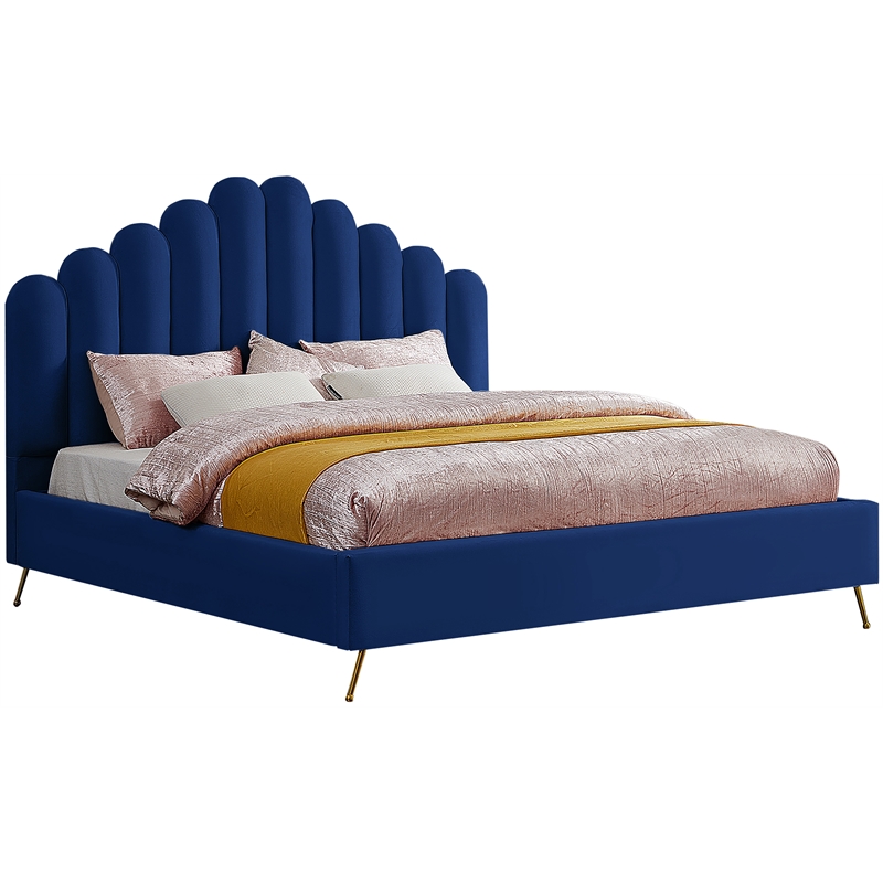 Meridian Furniture Lily Solid Wood and Tufted Velvet King Bed in Navy