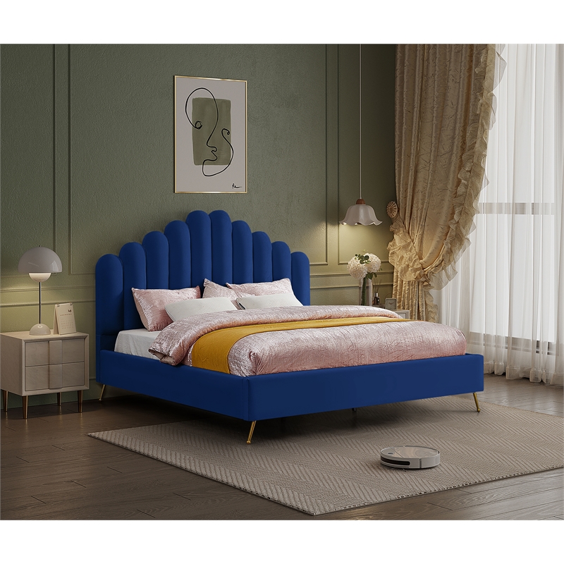 Meridian Furniture Lily Solid Wood and Tufted Velvet King Bed in Navy