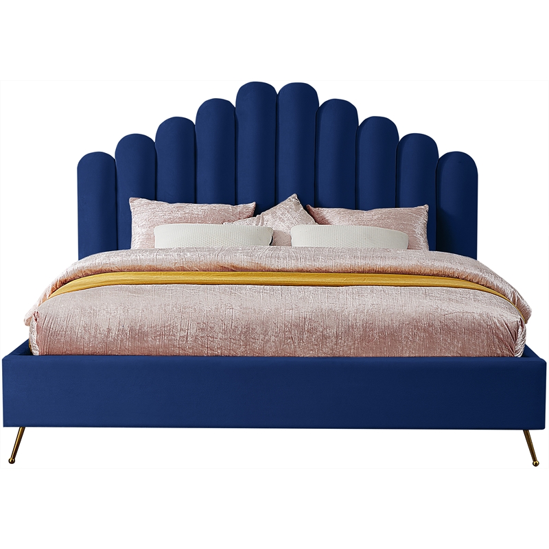 Meridian Furniture Lily Solid Wood and Tufted Velvet King Bed in Navy