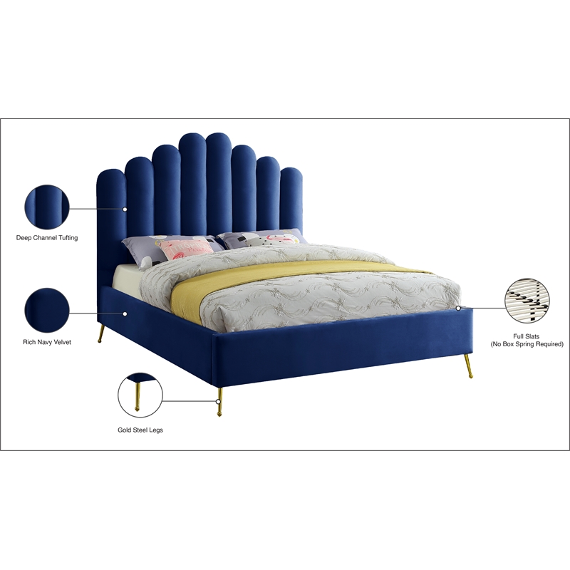 Meridian Furniture Lily Solid Wood and Tufted Velvet King Bed in Navy
