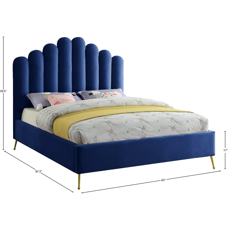 Meridian Furniture Lily Solid Wood and Tufted Velvet Queen Bed in Navy