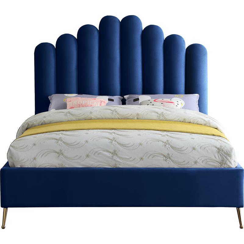 Meridian Furniture Lily Solid Wood and Tufted Velvet Queen Bed in Navy