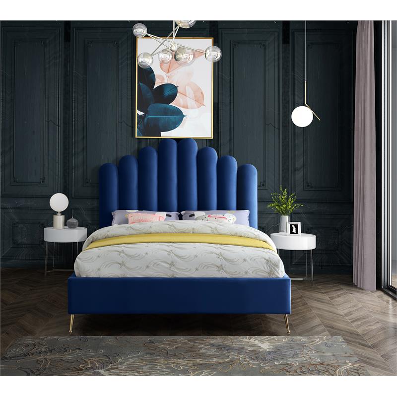 Meridian Furniture Lily Solid Wood and Tufted Velvet Queen Bed in Navy