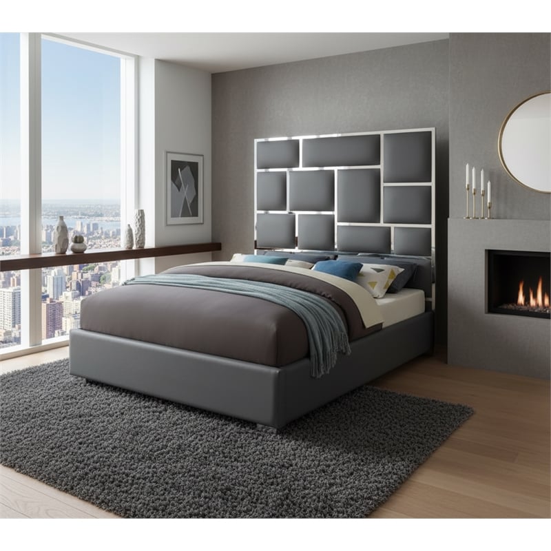 Meridian Furniture Milan Solid Wood and Vegan Leather King Bed in Gray
