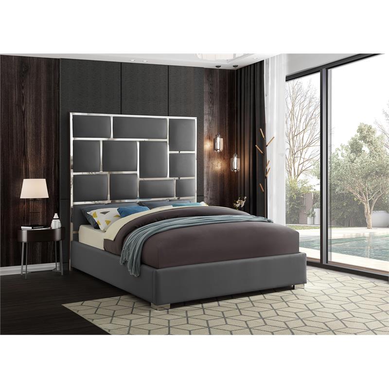 Meridian Furniture Milan Solid Wood and Vegan Leather Queen Bed in Gray