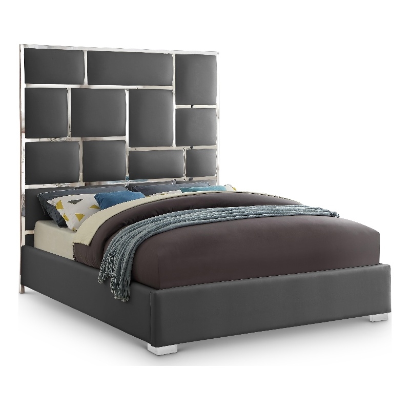 Meridian Furniture Milan Solid Wood and Vegan Leather Queen Bed in Gray