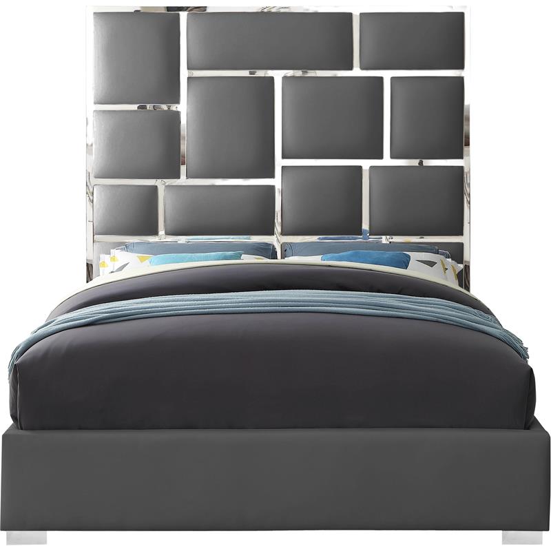 Meridian Furniture Milan Solid Wood and Vegan Leather Queen Bed in Gray