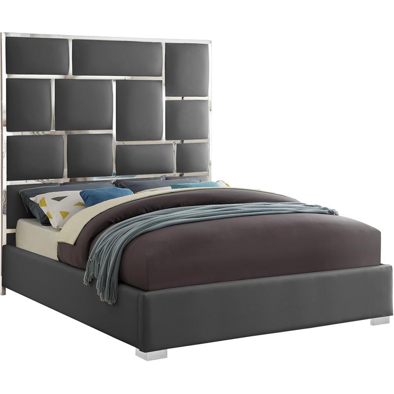 Meridian Furniture Milan Solid Wood and Vegan Leather Queen Bed in Gray