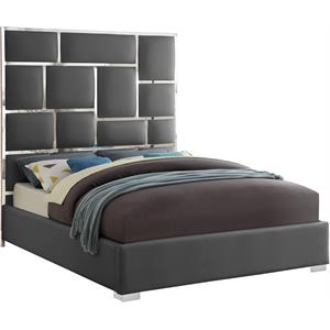 meridian furniture milan solid wood and vegan leather queen bed in gray