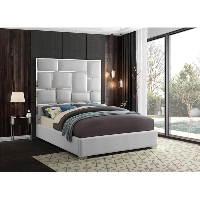 Meridian Furniture Milan Solid Wood and Vegan Leather Queen Bed in White