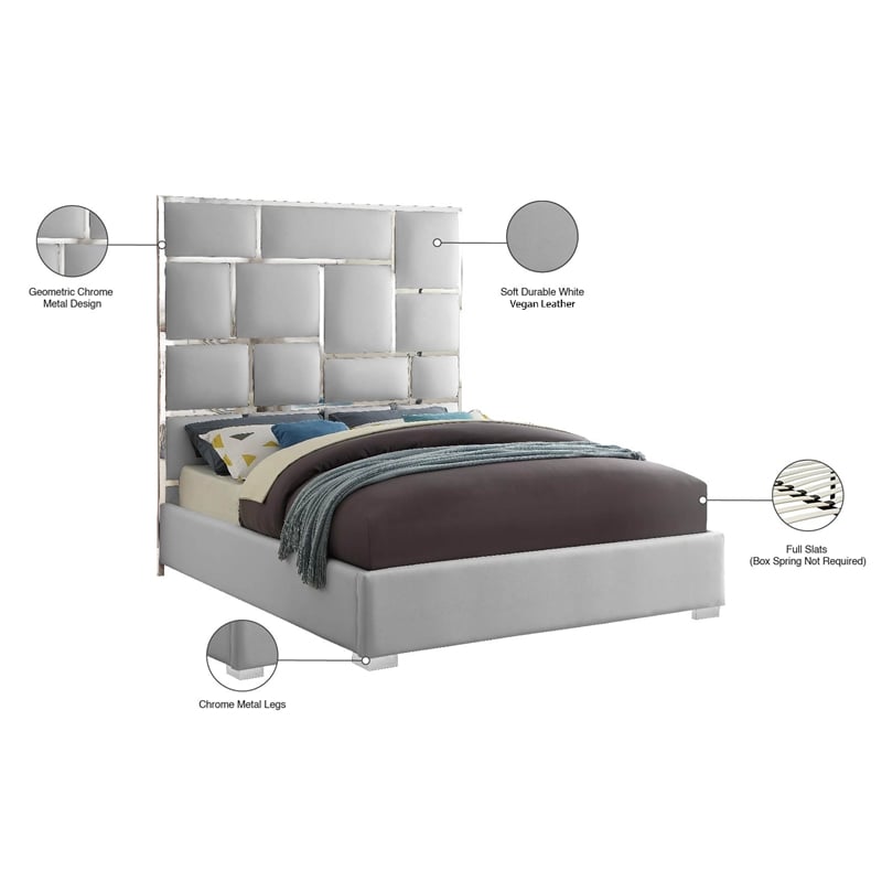 Meridian Furniture Milan Solid Wood and Vegan Leather Queen Bed in White