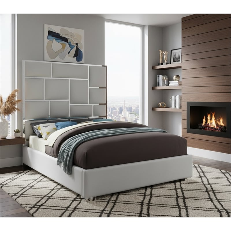 Meridian Furniture Milan Solid Wood and Vegan Leather Queen Bed in White