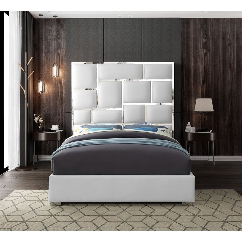 Meridian Furniture Milan Solid Wood and Vegan Leather Queen Bed in White
