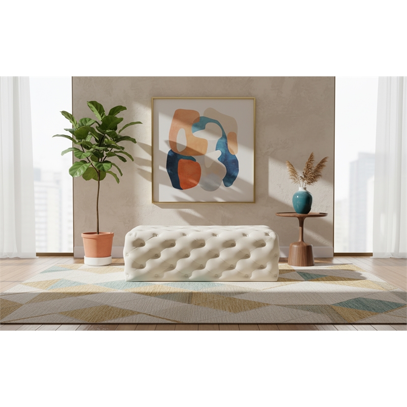 Meridian Furniture Casey Button Tufted Cream Velvet Ottoman and Bench