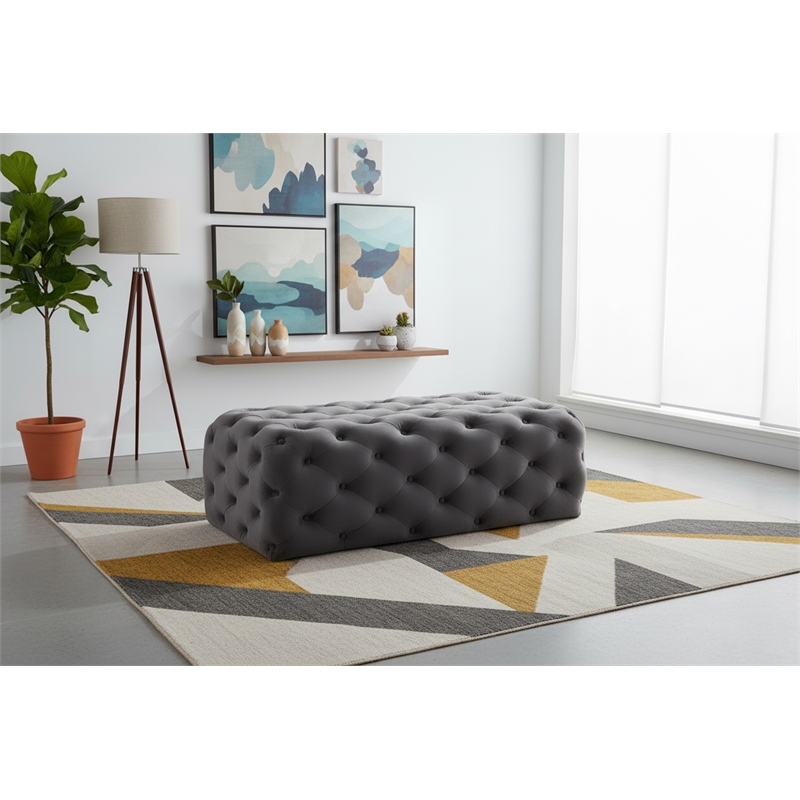 Meridian Furniture Casey Button Tufted Gray Velvet Ottoman and Bench