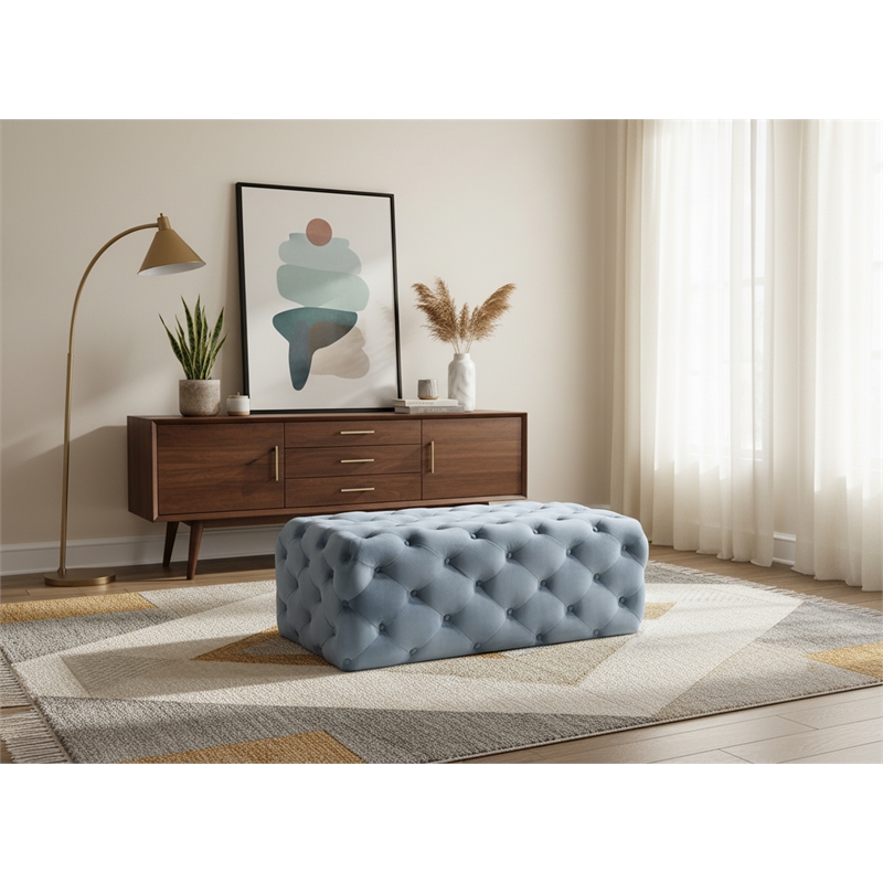 Meridian Furniture Casey Button Sky Blue Velvet Ottoman and Bench