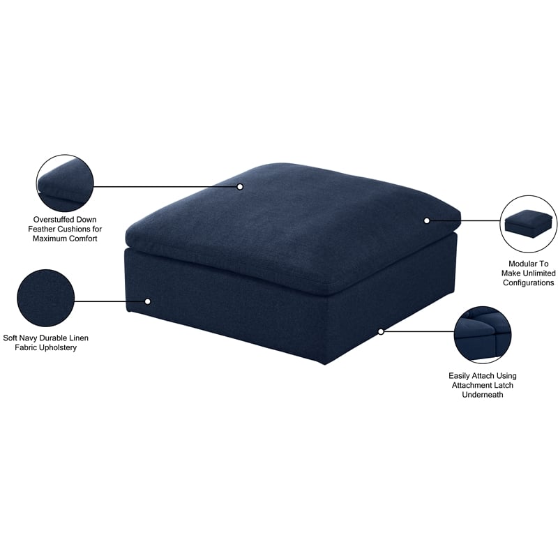 Meridian Furniture Serene Navy Durable Linen Fabric Deluxe Ottoman