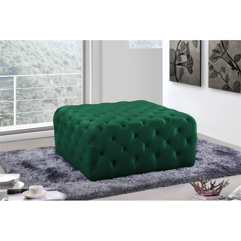 Meridian Furniture Ariel Button Tufted Velvet Upholstered Ottoman in Green