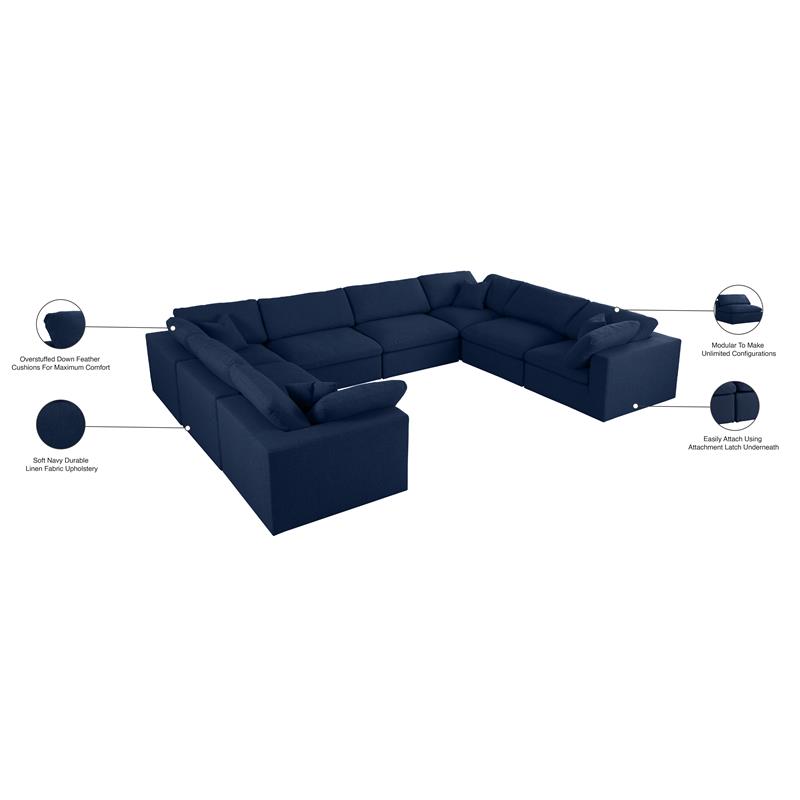Meridian Furniture Serene Linen Fabric Modular Sectional w/Pillows in Navy
