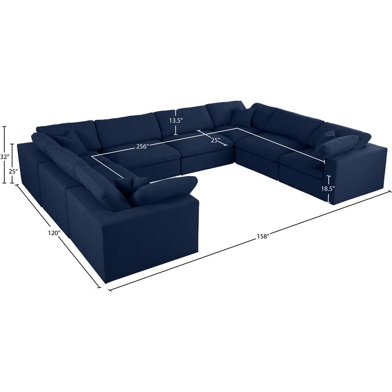 Meridian Furniture Serene Linen Fabric Modular Sectional w/Pillows in Navy