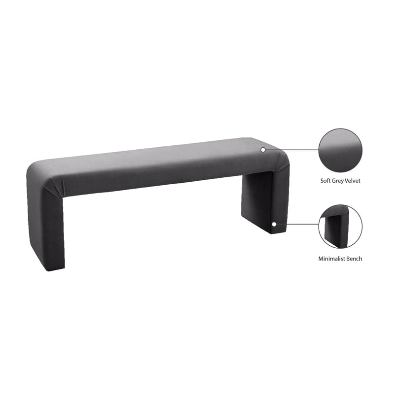 Meridian Furniture Minimalist Gray Velvet Bench