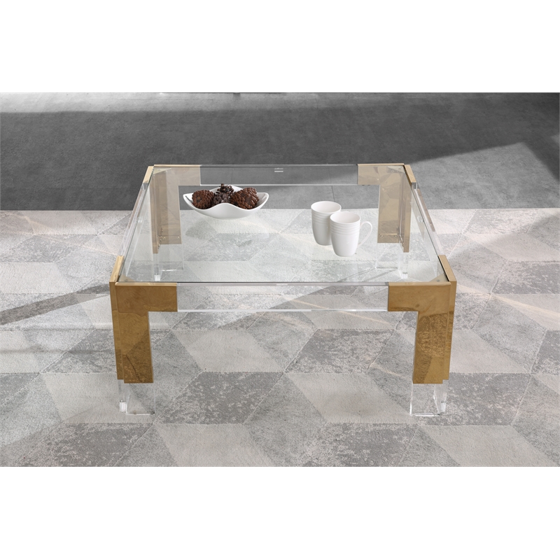 Meridian Furniture Casper Glass Top Square Coffee Table in Acrylic/Gold Legs