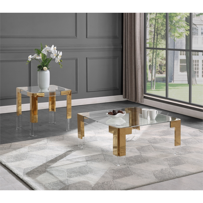 Meridian Furniture Casper Glass Top Square Coffee Table in Acrylic/Gold Legs