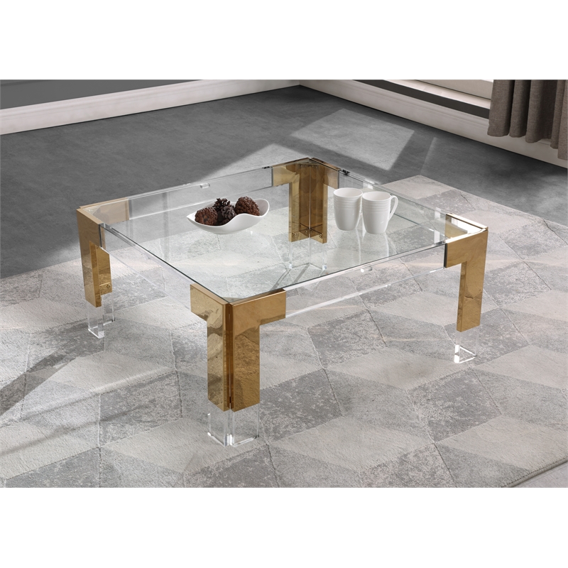 Meridian Furniture Casper Glass Top Square Coffee Table in Acrylic/Gold Legs
