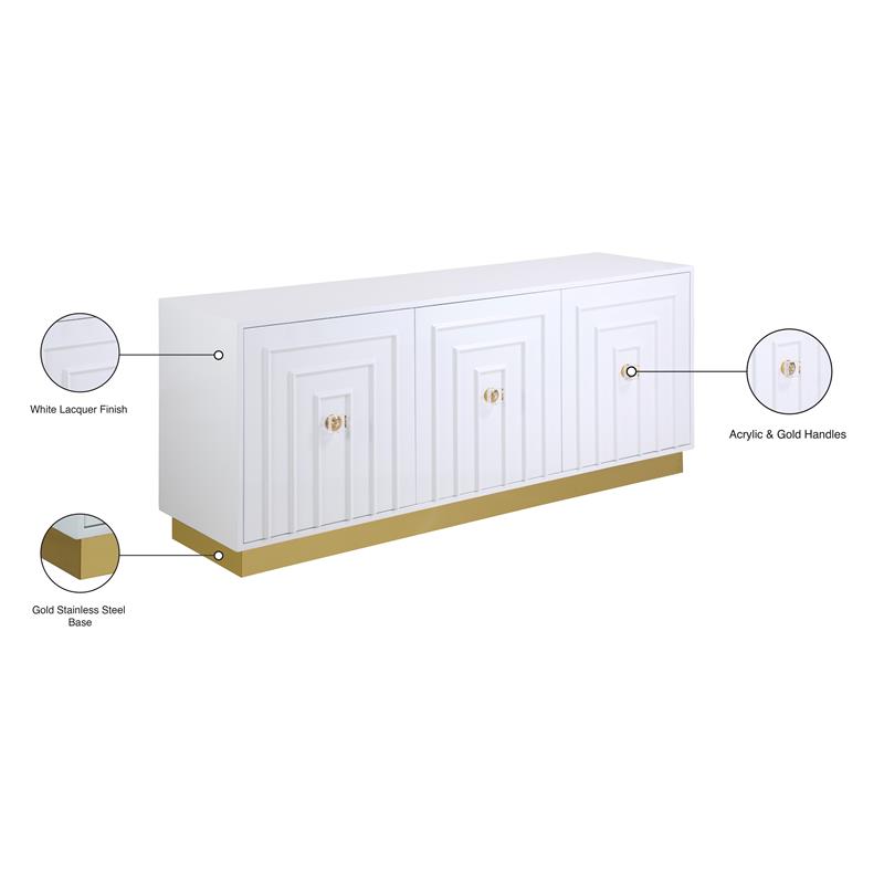 Meridian Furniture Cosmopolitan White Lacquer Sideboard Buffet with Gold Base