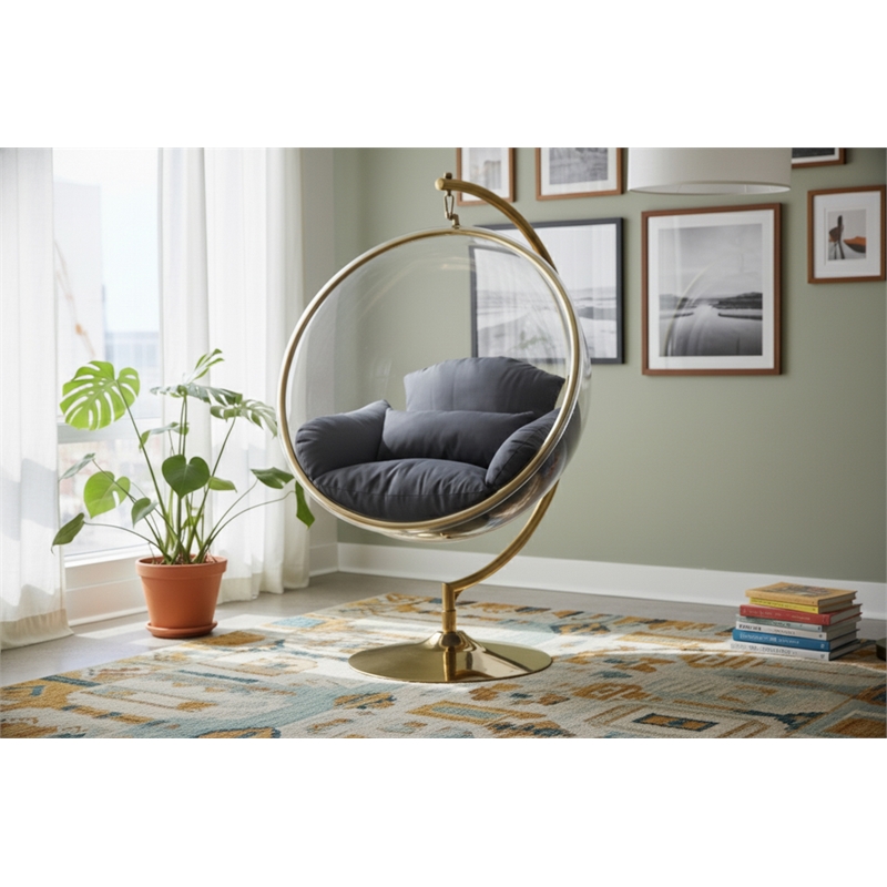 Meridian Furniture Luna Grey Fabric Acrylic and Metal Swing Bubble Accent Chair