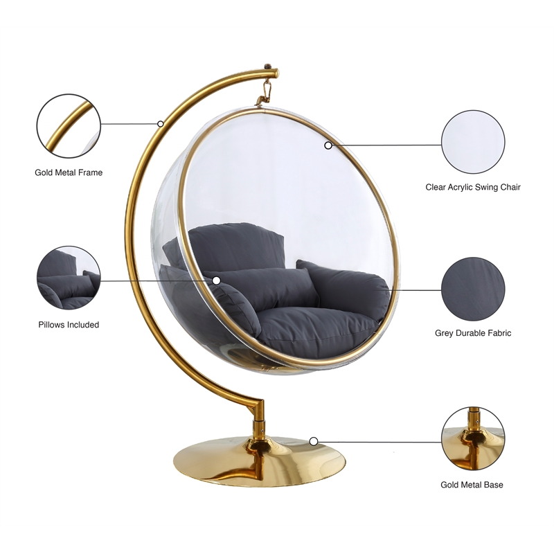 Meridian Furniture Luna Grey Fabric Acrylic and Metal Swing Bubble Accent Chair