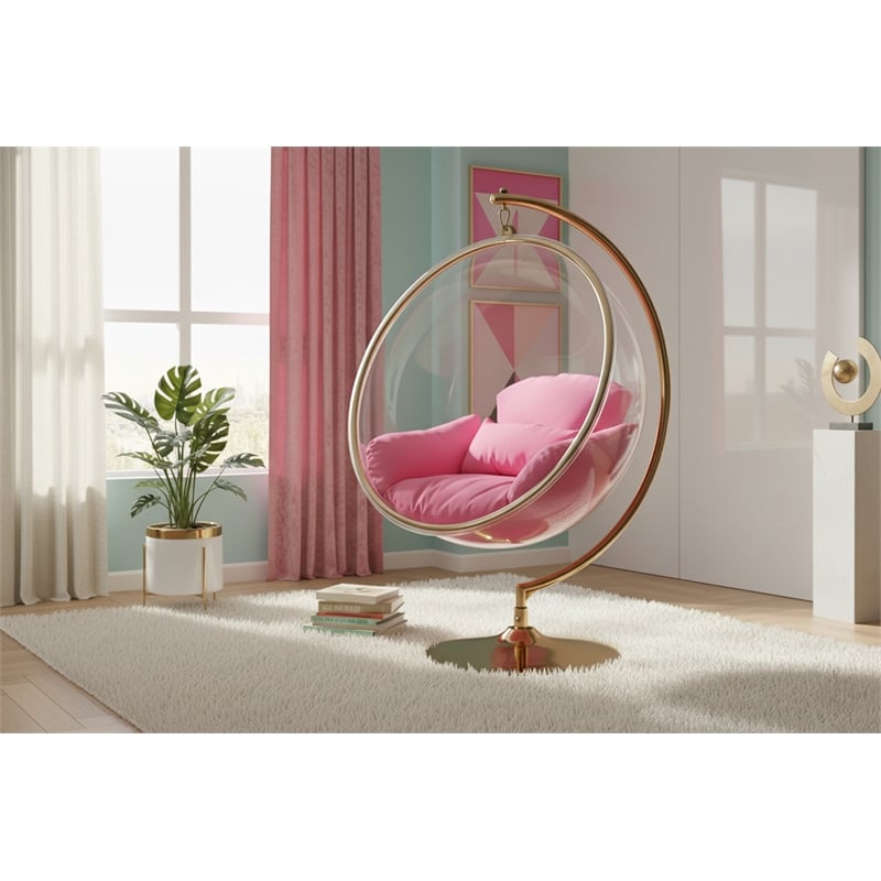 Meridian Furniture Luna Pink Fabric Acrylic and Metal Swing Bubble Accent Chair
