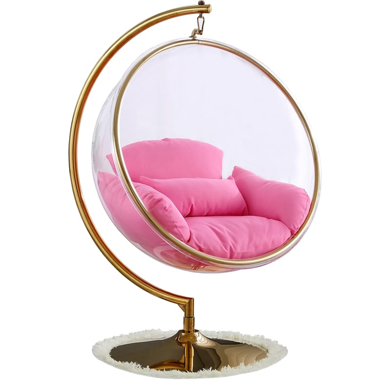 Meridian Furniture Luna Pink Fabric Acrylic and Metal Swing Bubble Accent Chair