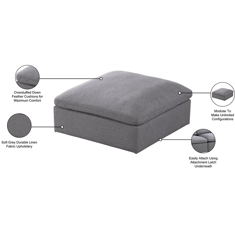 Meridian Furniture Serene Gray Durable Linen Fabric Deluxe Ottoman