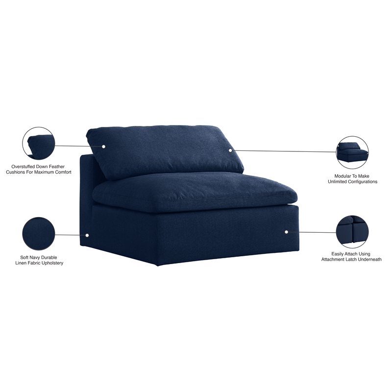 Meridian Furniture Serene Navy Durable Linen Fabric Deluxe Armless Chair