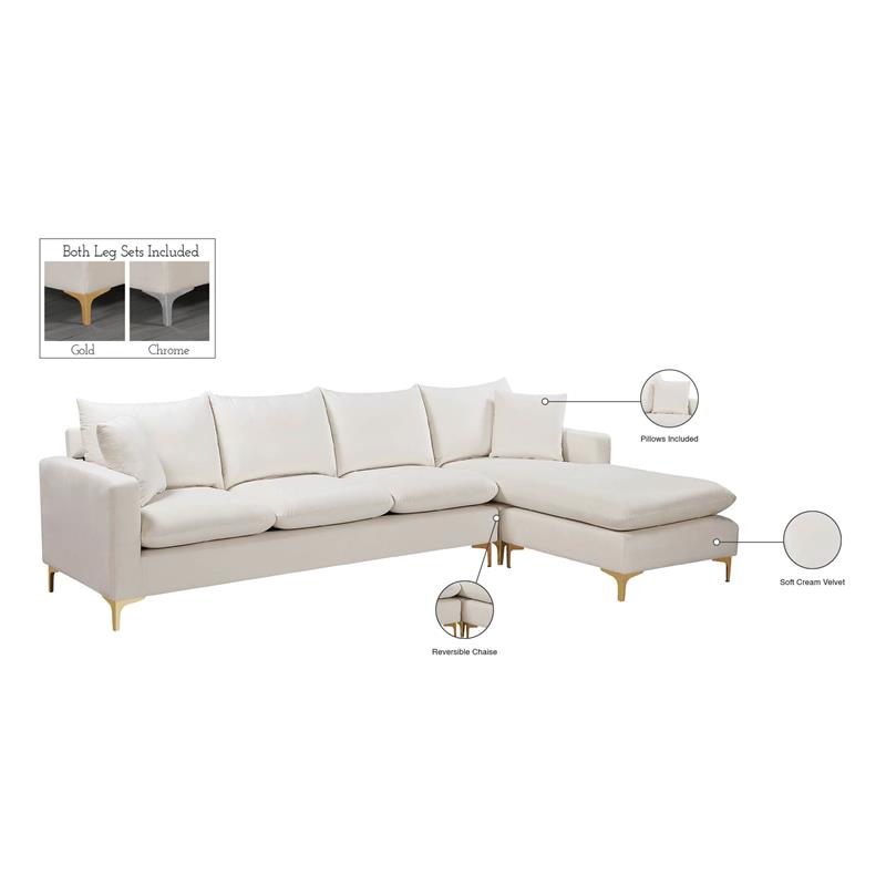 Meridian Furniture Naomi Cream Velvet 2pc. Reversible Sectional