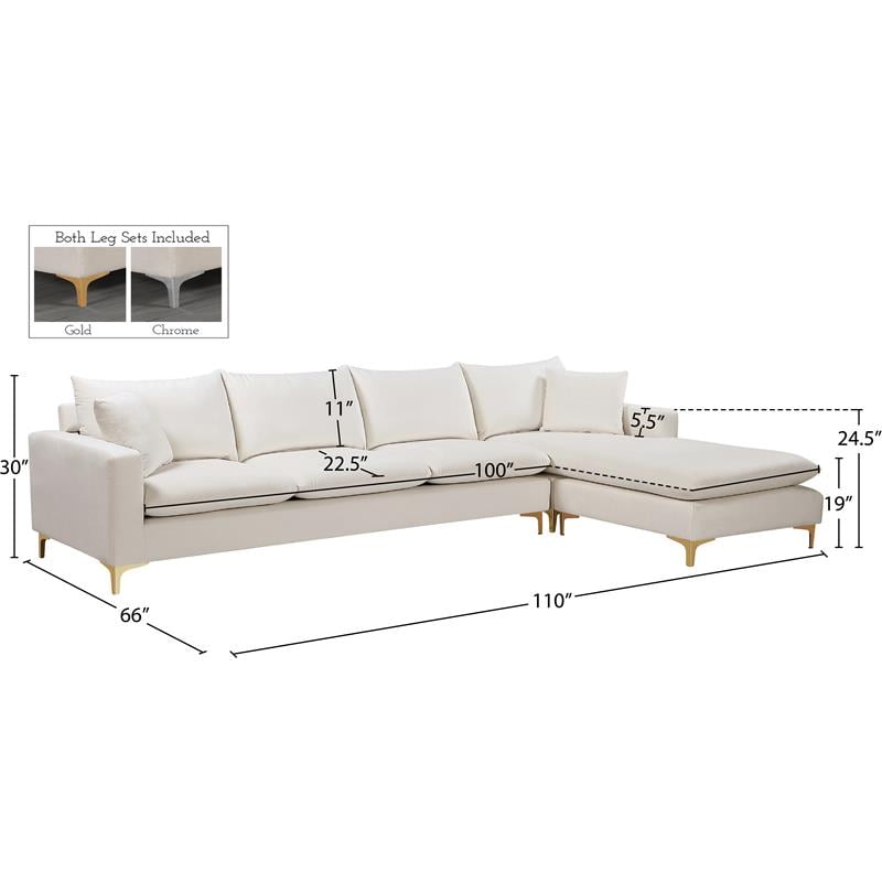 Meridian Furniture Naomi Cream Velvet 2pc. Reversible Sectional