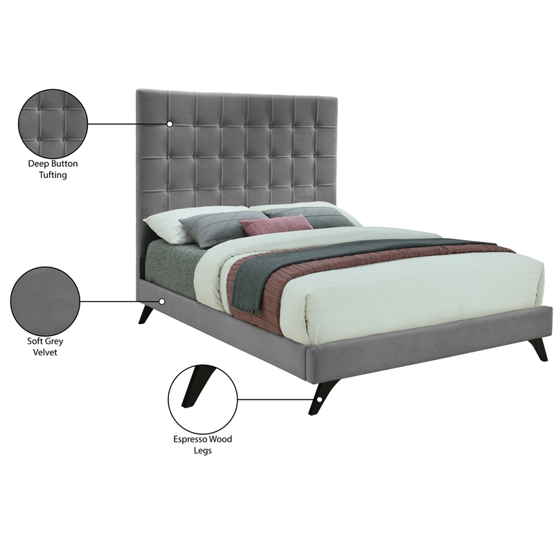 Meridian Furniture Elly Gray Velvet Full Bed