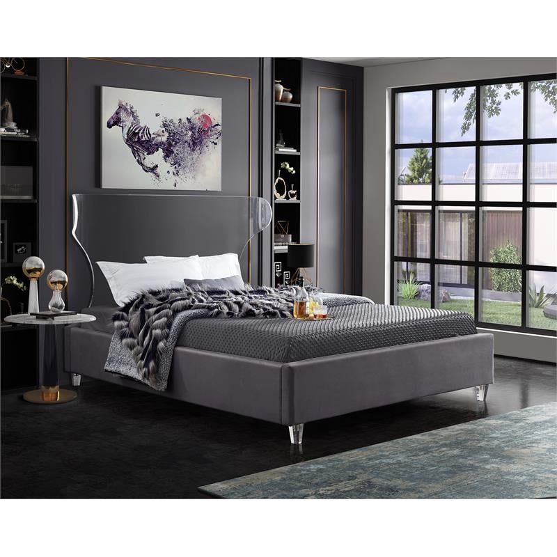 Meridian Furniture Ghost Gray Velvet Queen Bed