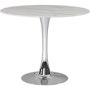 meridian furniture tulip faux marble top pedestal dining table in chrome