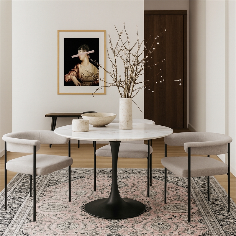 Meridian Furniture Holly Round Faux Marble Dining Table with Matte Black Base