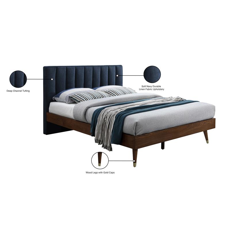 Meridian Furniture Vance Navy Durable Linen Fabric Queen Bed