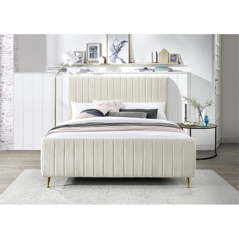 Meridian Furniture Zara Contemporary Cream Velvet Queen Bed
