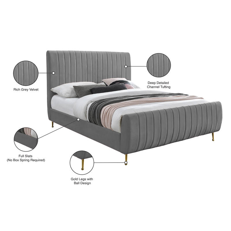 Meridian Furniture Zara Contemporary Gray Velvet Full Bed