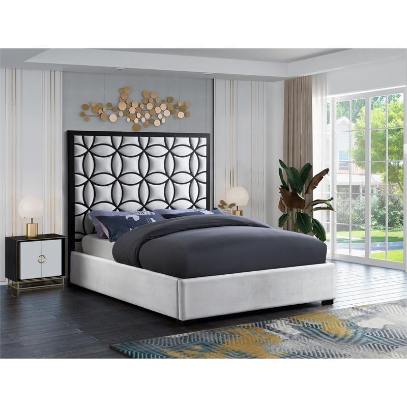 Meridian Furniture Taj White Velvet King Bed with Matte Black Steel Frame