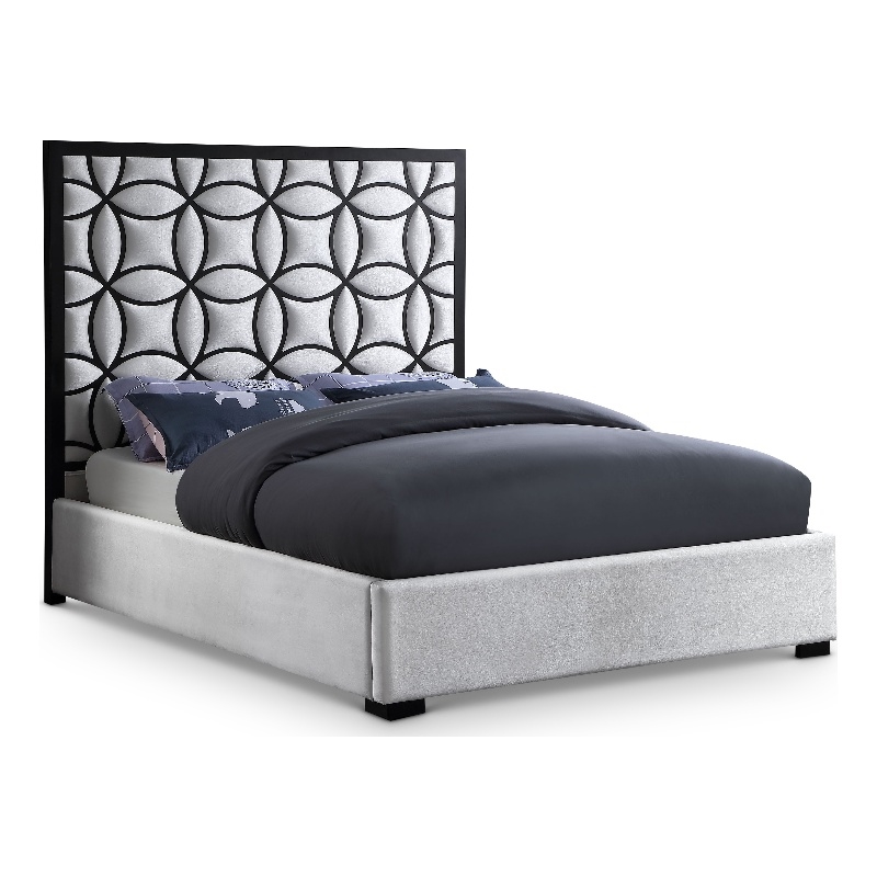 Meridian Furniture Taj White Velvet King Bed with Matte Black Steel Frame