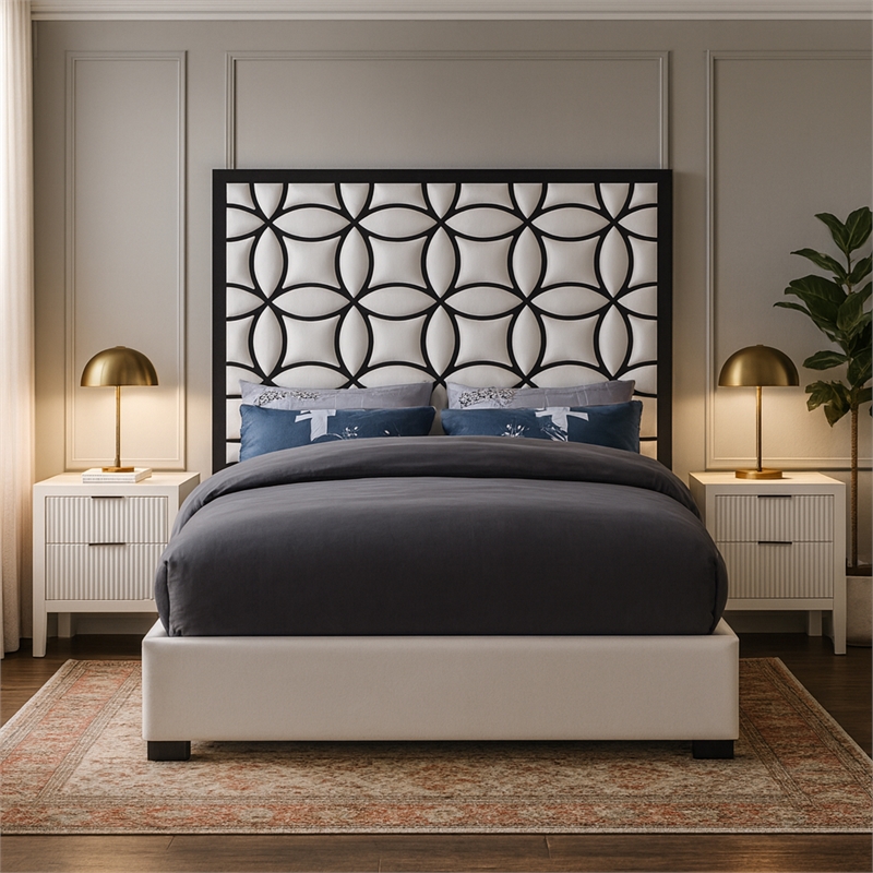 Meridian Furniture Taj White Velvet King Bed with Matte Black Steel Frame